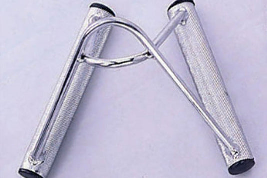 Silver metal seated row and chinning combo attachment with textured grips and black rubber end caps on lavender background