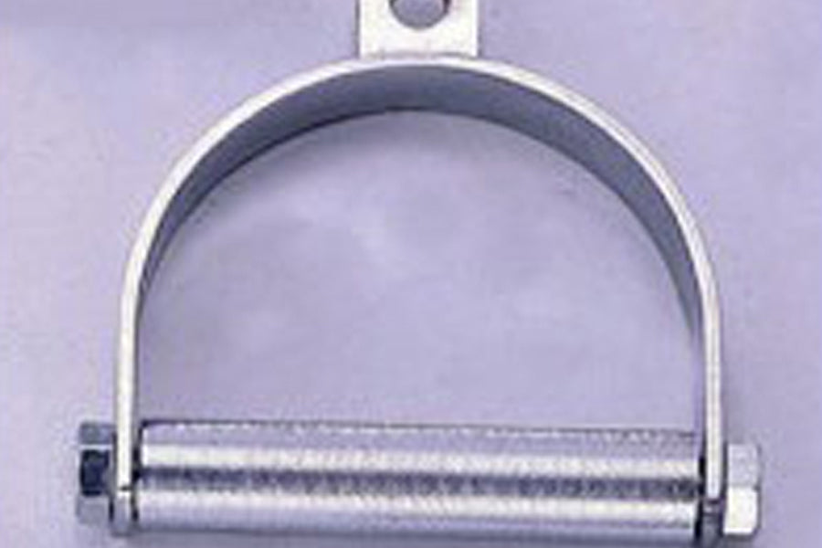 Warrior Horseshoe Rotating Solid Cable D Handle with white frame and metal bar on purple background
