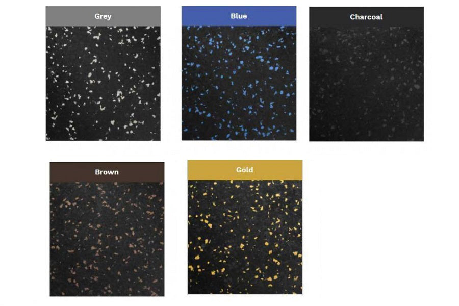 Speckled rubber gym flooring tile color swatches showing grey with white flecks, blue with blue speckles, charcoal, brown wit