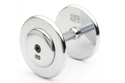Chrome and steel 20-pound fixed dumbbell with textured grip handle, shown on white background