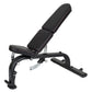 Black adjustable weight bench with padded seat and backrest, metal frame with leg extension, on white background