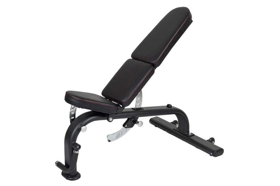 Black adjustable weight bench with padded seat and backrest, metal frame with leg extension, on white background