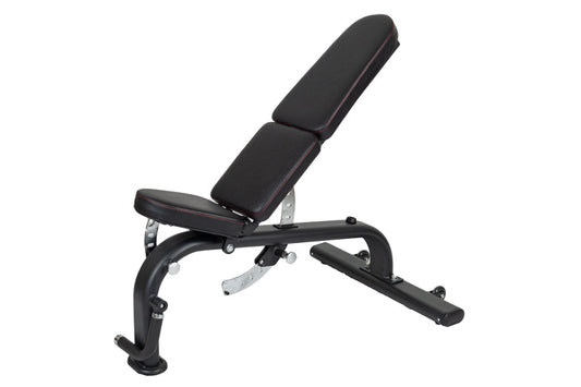 Black adjustable weight bench with padded seat and backrest, metal frame with leg extension, on white background