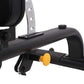 Black weight bench with curved handles, yellow foot pedal, and adjustable backrest on white background