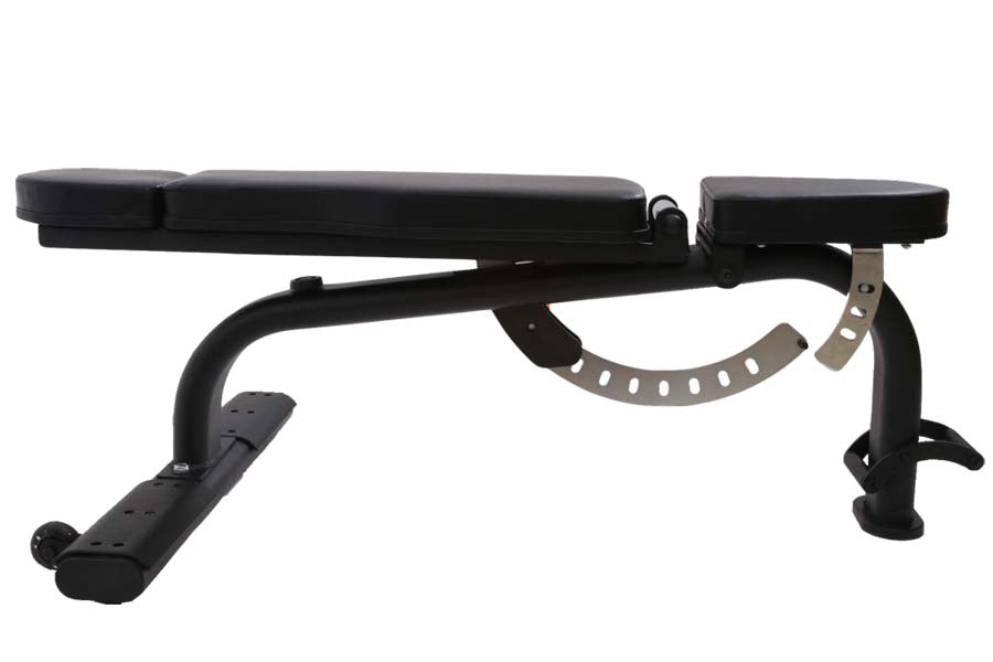 Black weight bench with padded seat and backrest, adjustable leg extension, metal frame on white background