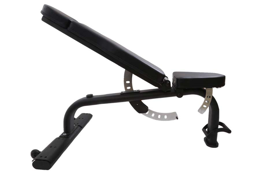 Black adjustable weight bench with angled backrest, leg extension, and padded seat on white background