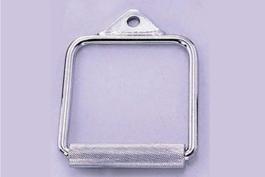 Silver metal D-handle with rotating cable attachment and mounting hole, displayed on lavender background
