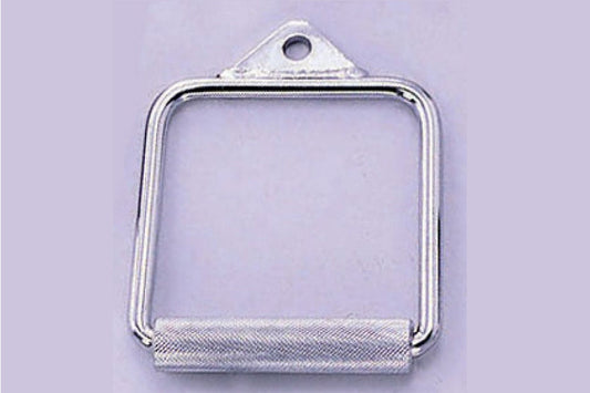 Silver metal D-handle with rotating cable attachment and mounting hole, displayed on lavender background