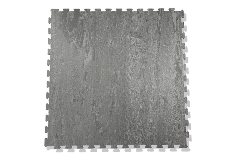 Warrior Marble Interlocking Tile Gym Flooring in cloud grey with puzzle-piece edges, flat lay on white background