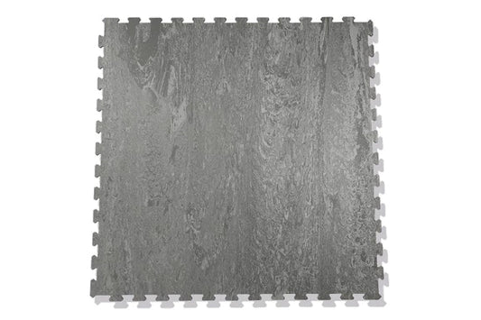 Warrior Marble Interlocking Tile Gym Flooring in cloud grey with puzzle-piece edges, flat lay on white background