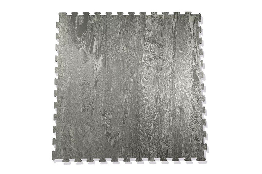 Warrior Marble Interlocking Tile Gym Flooring in cloud grey with textured surface and puzzle-piece edge connectors
