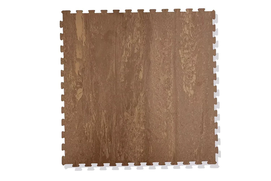 Brown wood-grain interlocking foam tile with puzzle-piece edges, flat lay on white background