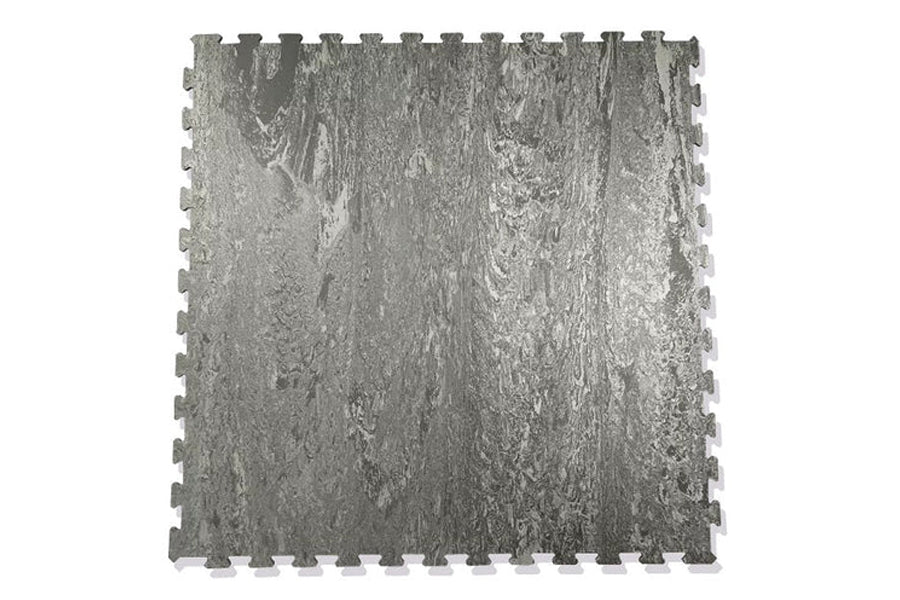 Gunmetal grey marble-textured interlocking gym tile with puzzle-edge borders, flat lay on white background