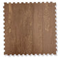 Interlocking gym floor tile with brown wood-grain texture and white puzzle-piece edge connectors, flat lay on white backgroun