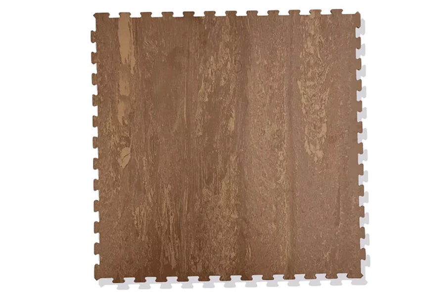 Interlocking gym floor tile with brown wood-grain texture and white puzzle-piece edge connectors, flat lay on white backgroun