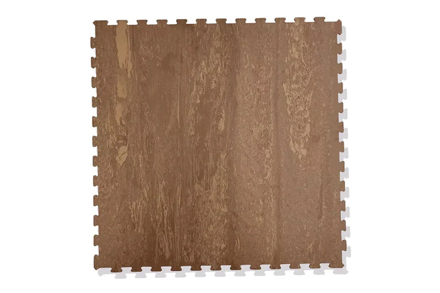 Brown wood-grain interlocking foam floor tile with puzzle-piece edges, flat lay on white background