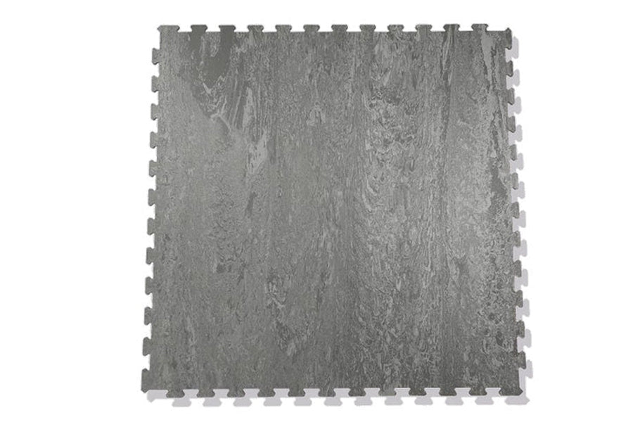 Gray marble textured interlocking gym floor tile with puzzle-piece edges, on white background