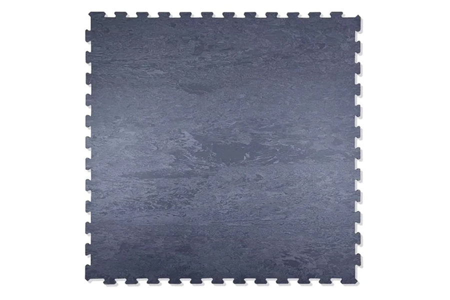 Dark gray interlocking gym floor tile with textured surface and puzzle-piece edges, displayed flat on white background