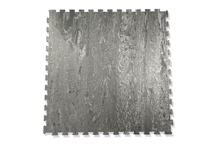 Gray interlocking foam gym tile with wood grain texture and puzzle-piece edges on white background