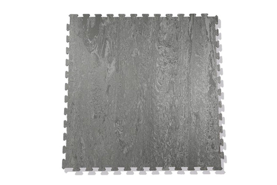 Gray interlocking gym floor tile with wood grain texture and puzzle-piece edges on white background