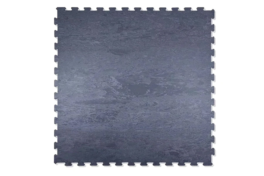 Warrior Marble Interlocking Gym Tile in smoke grey with textured surface and interlocking edges, shown flat