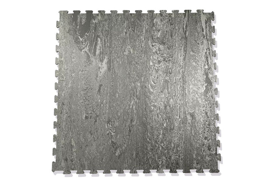 Gray interlocking gym tile with wood grain texture and puzzle-edge connectors, flat lay on white background
