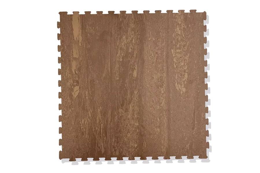Brown wood-grain interlocking foam floor tile with puzzle-piece edges on white background