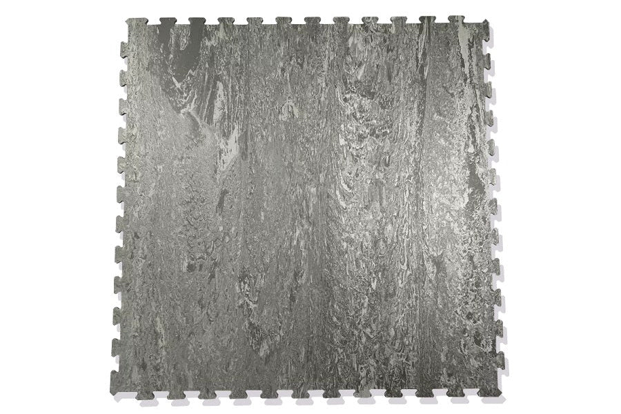 Warrior Marble Interlocking Gym Tile in stone grey with textured surface and interlocking edges, flat lay view