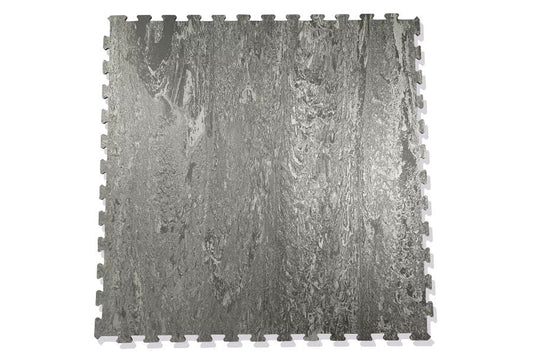 Warrior Marble Interlocking Gym Tile in stone grey with textured surface and interlocking edges, flat lay view