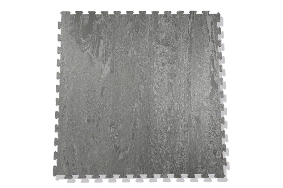 Gray marble-look interlocking gym floor tile with puzzle edge connectors, shown on white background