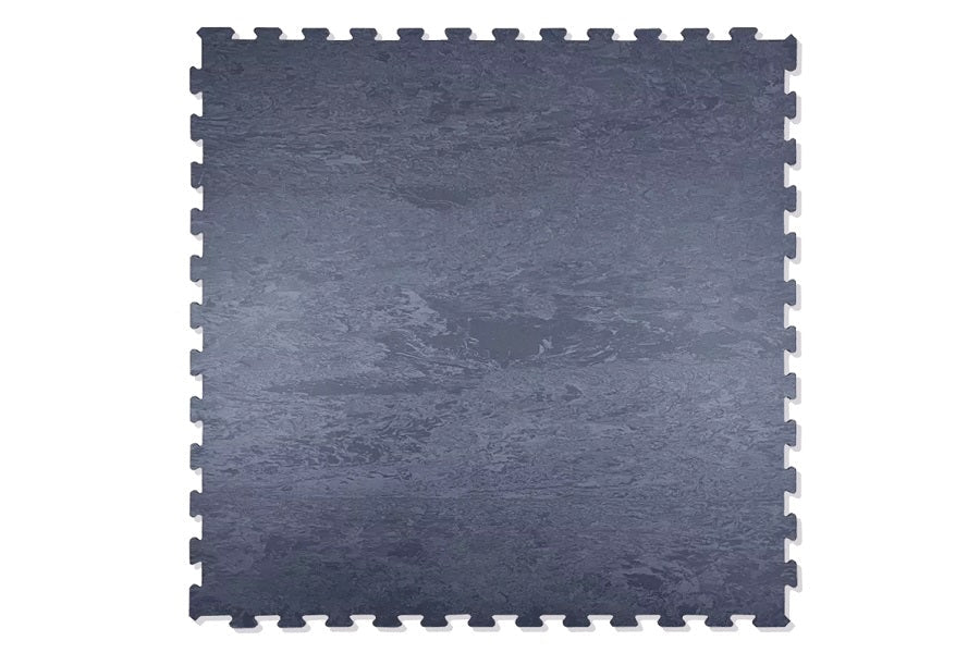 Warrior Marble Interlocking Gym Tile in stone grey with textured surface and puzzle-piece edges, flat lay view
