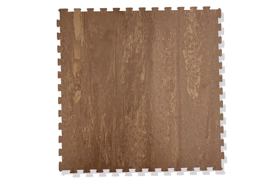 Tan interlocking foam gym tile with wood-grain texture and puzzle-piece edges, flat lay view