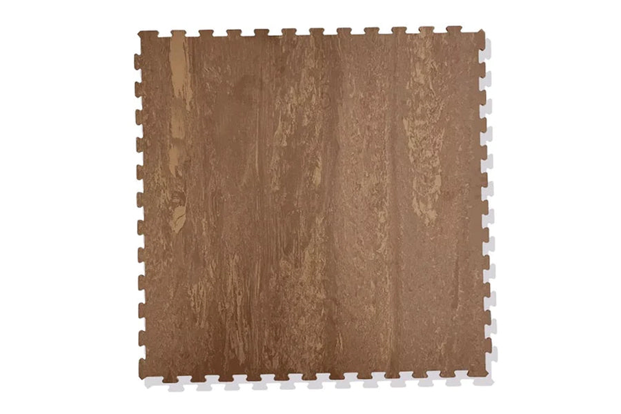 Taupe interlocking foam gym tile with woodgrain texture and interlocking edges on white background