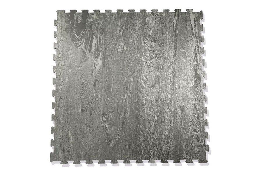 Warrior Marble Interlocking Gym Tile in taupe with puzzle-piece edges, flat lay on white background