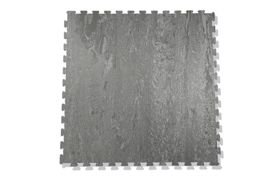 Taupe marble-textured interlocking gym tile with gray puzzle-piece edges, shown flat lay on white background