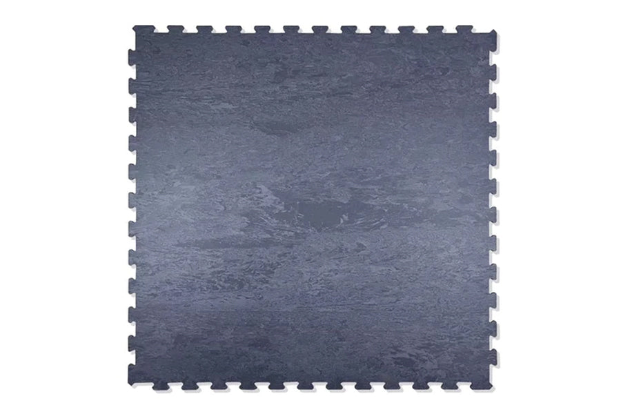 Dark gray interlocking gym tile with marble texture and puzzle-edge design on white background