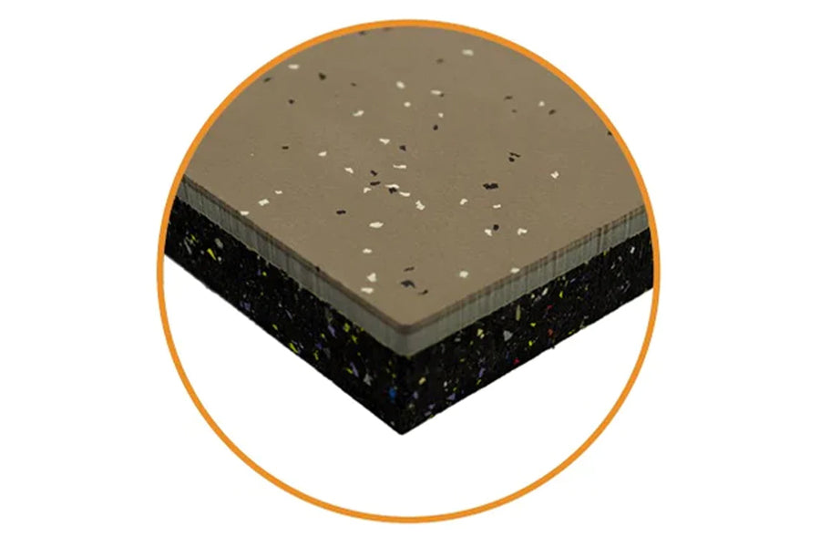 Warrior Multilayer Interlocking Rubber Gym Flooring Tile with gray top layer and black speckled base layer, isometric view