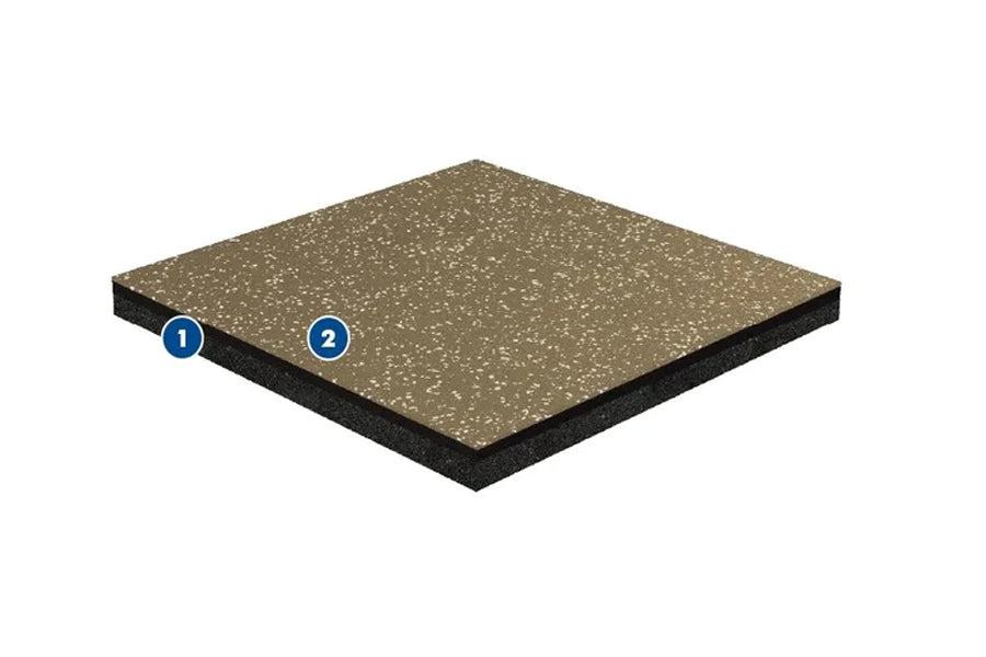 Warrior Multilayer Interlocking Rubber Gym Flooring Tile with tan speckled top surface and black rubber base layer shown in i