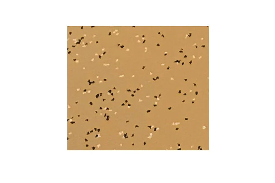 Tan rubber gym flooring tile with black and white speckled pattern, flat lay on white background