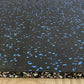 Warrior Multilayer Interlocking Rubber Gym Flooring Tile with blue speckle pattern and black fleck border, displayed on woode