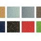 Eight speckled rubber flooring tiles in various colors including tan, sage, gray, brown, navy, olive, red, and lime green, ar