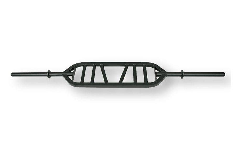 Black multi-grip Olympic barbell with horizontal ribbed handle and rotating sleeves on white background