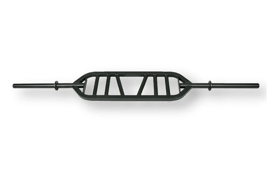 Black multi-grip Olympic barbell with horizontal ribbed handle and rotating sleeves on white background