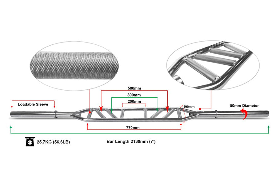 Warrior Multi-Grip Swiss Olympic Bar with labeled dimensions, loadable sleeves, and multiple grip positions, 2130mm length, 2