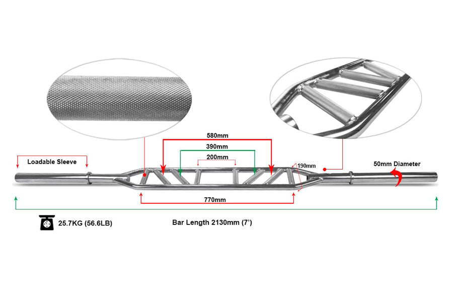 Warrior Multi-Grip Swiss Olympic Bar with technical specifications showing 2130mm length, 50mm diameter, loadable sleeve, and