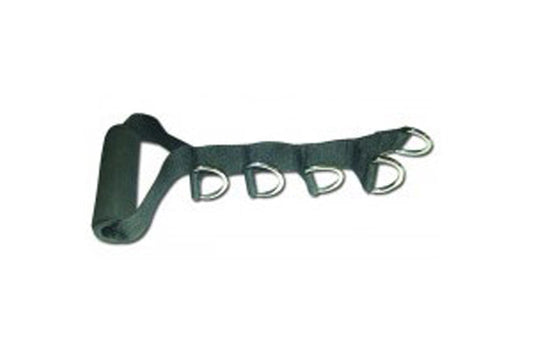 Dark green nylon multiple strap with five metal D-rings and padded handle, flat lay on white background