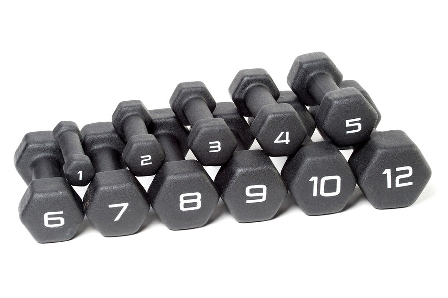 Set of gray neoprene-covered hexagonal dumbbells numbered 1 through 12 pounds, arranged in ascending order on white backgroun