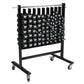 Black mobile dumbbell storage rack with multiple slots holding neoprene dumbbells, metal frame with wheels on white backgroun