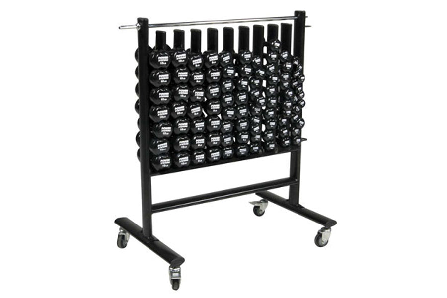 Black mobile dumbbell storage rack with multiple slots holding neoprene dumbbells, metal frame with wheels on white backgroun