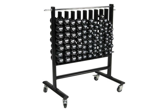 Black mobile dumbbell storage rack with multiple slots holding neoprene dumbbells, metal frame with wheels on white backgroun